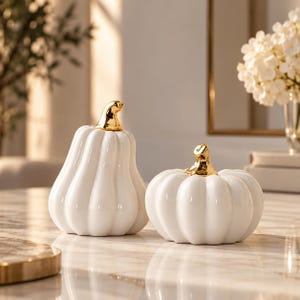 Può includere: Due oggetti decorativi in ceramica bianca a forma di zucca con finiture lucide e steli color oro metallizzato. Una zucca è più alta e allungata, mentre l'altra è più corta e larga, entrambe caratterizzate da creste verticali.
