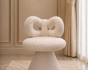 Modern Boucle Vanity Chair with Backrest, 360 Swivel Makeup Chair, Nordic Accent Chair, Lamb Fleece Dressing Stool, Minimalist Bedroom Chair