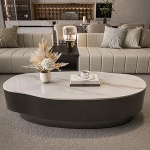 Luxury Modern Coffee Table, Minimalist Marble Top Oval Center Table, Scandinavian Low Table, Japandi Living Room Furniture
