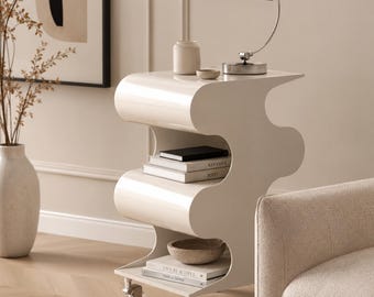 Mesa lateral com rodinhas, carrinho de armazenamento escultural, mesa de cabeceira de design, móvel de destaque contemporâneo, prateleira organizadora minimalista, decoração para casa