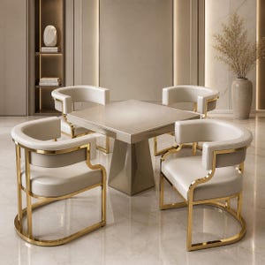 Peut inclure: Un ensemble de salle à manger moderne comprenant une table carrée et quatre chaises à dossier incurvé. Les chaises sont recouvertes de cuir crème avec des cadres en métal doré. L'ensemble est dans une palette de couleurs neutres, créant une esthétique luxueuse et élégante.