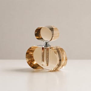 May include: A clear, amber-tinted glass perfume bottle featuring a wide, oval-shaped base and a smaller, circular stopper. The bottle has a central vertical tube and a metallic silver-toned neck connector, showcasing a transparent, layered design.