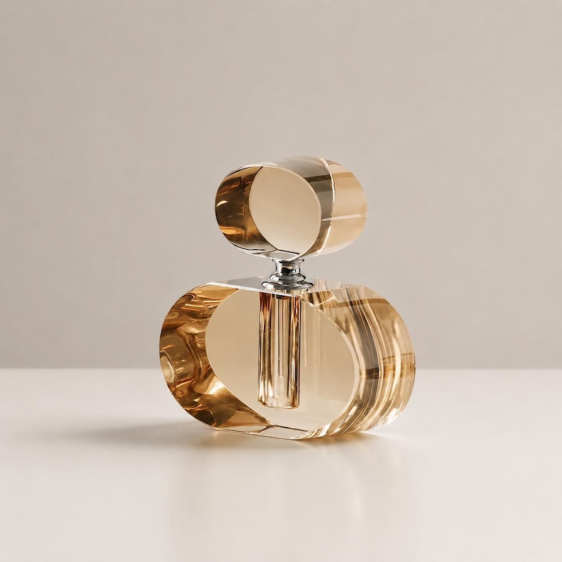 May include: A clear, amber-tinted glass perfume bottle featuring a wide, oval-shaped base and a smaller, circular stopper. The bottle has a central vertical tube and a metallic silver-toned neck connector, showcasing a transparent, layered design.