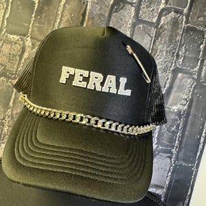 FERAL Trucker Hat | Edgy Women's Hat | Funny Statement Cap | Rhinestone Safety Pin Hat | Chain Detail Snapback | Handmade Boutique Hat