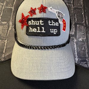 Shut the Hell Up Trucker Hat | Western Cowgirl Hat | Funny Statement Hat | Red Glitter Star Cap | Rodeo Fashion | Country Concert Hat