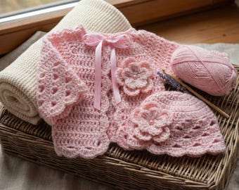 Crochet Baby Cardigan and Hat Pattern – Pink Flower Infant Outfit DIY PDF Download