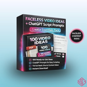 May include: A black box with the text "FACELESS VIDEO IDEAS + ChatGPT Script Prompts" and "Creator Essentials Pack". It includes a booklet with "100 VIDEO IDEAS" and a pink circle with "FACELESS CONTENT IDEAS". The box also lists features like "100 Ready-to-Use Ideas".