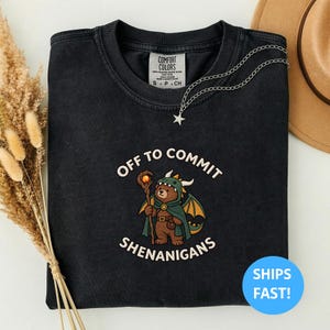 Könnte beinhalten: Ein schwarzes Sweatshirt mit Rundhalsausschnitt und einer Grafik eines braunen Bären, der als Drache mit grünem Umhang und Kapuze verkleidet ist und einen Holzstab mit einer orangefarbenen Kugel hält. Der Text lautet OFF TO COMMIT SHENANIGANS.