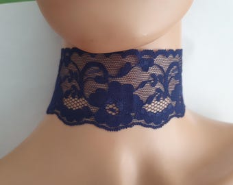 Wide navy blue lace choker