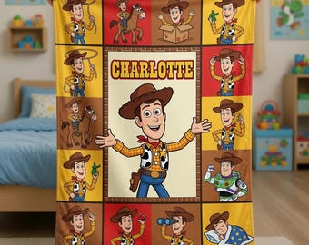 Couverture Woody Toy Story personnalisée, cadeau de jeté en polaire pour enfants cowboy avec nom personnalisé