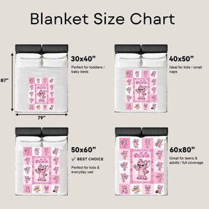 Op de afbeelding: Een dekengroottetabel toont vier maten: 76x102 cm, 102x127 cm, 127x152 cm en 152x203 cm. Elke deken heeft een roze ontwerp met een cartoonfiguur en de naam "Olivia". De tabel geeft de ideale toepassingen aan.