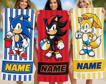 Serviette de plage sonique personnalisée, serviette de piscine en microfibre avec nom personnalisé, cadeau d'anniversaire pour enfant