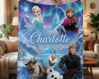 Couverture La Reine des Neiges personnalisée, cadeau de jeté en polaire pour enfants Elsa Anna Aurora avec prénom personnalisé
