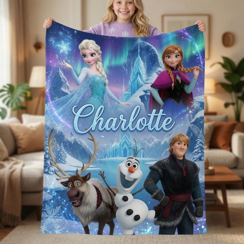 May include: A soft fleece blanket featuring a vibrant Frozen movie theme with characters Elsa, Anna, Kristoff, Sven, and Olaf against a snowy mountain backdrop with the name Charlotte printed in a large, elegant blue script font across the center.