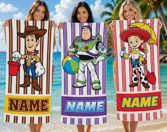 Personalized Toy Story Beach Towel, Custom Name Woody Buzz Lightyear Jessie Pool Towel, Kids Vacation
