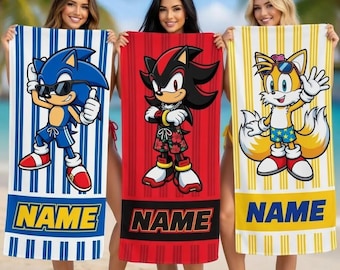 Serviette de plage sonique personnalisée, serviette de piscine en microfibre avec nom personnalisé, cadeau d'anniversaire pour enfant