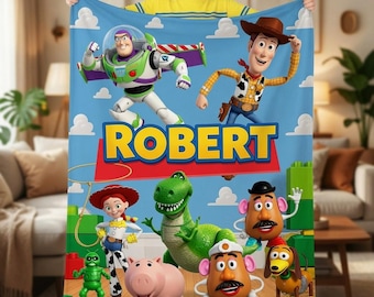 Personalized Toy Story Blanket, Custom Name Woody Buzz Kids Fleece Throw Birthday Gift