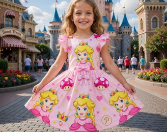 Robe princesse pêche pour fille, robe rose gamer princesse virevolte, tenue de fête d'anniversaire cadeau personnalisé
