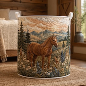 May include: A cylindrical fabric storage basket featuring a quilted landscape scene with a brown horse standing in a field of wildflowers. The background displays evergreen trees, rolling mountains, and a soft sky with white clouds and a sun.