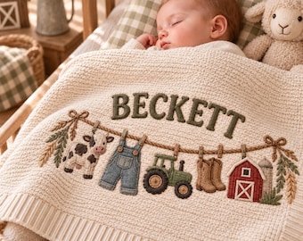 Personalized Farm Baby Blanket, Baby Boy Gift, Custom Name Tractor Cow Blanket, Farmer Nursery Decor, Baby Shower Gift