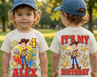 T-shirt personnalisé Woody pour le 4e anniversaire, nom personnalisé, t-shirt d'anniversaire Toy Story pour garçons