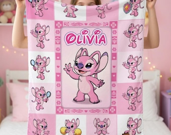 Personalized Angel Stitch Blanket for Girls, Custom Name Pink Lilo and Angel Fleece Throw