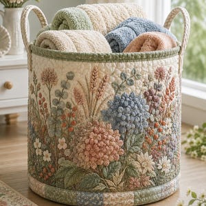 May include: A cylindrical quilted fabric storage basket featuring a cream-colored base with an intricate embroidered floral pattern in shades of pink, blue, and green. The basket has two braided handles and contains several folded towels in pastel colors.