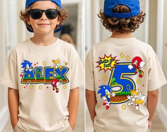 Chemise d'anniversaire Sonic, t-shirt prénom personnalisé pour l'âge de 5 ans, cadeau pour enfants Sonic Tails Knuckles