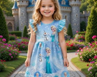 Frost Elsa Olaf-klänning för flickor, blå snöflinge-födelsedagsoutfit personlig present