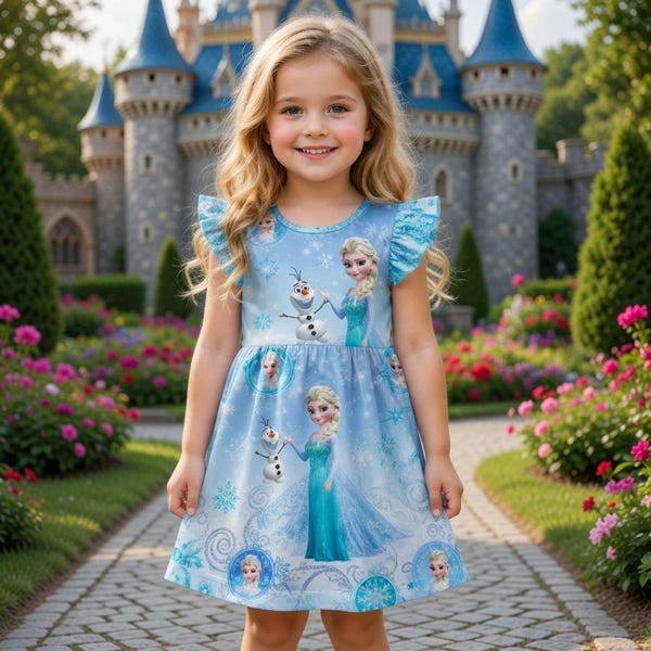 Frozen Elsa Olaf Dress for Girls, Blue Snowflake Birthday Outfit