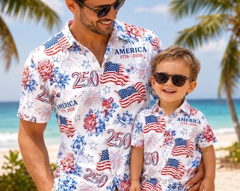 Chemise hawaïenne America 250 personnalisée, chemise boutonnée USA à fleurs patriotique, 1776-2026 tenue assortie pour papa et enfant, cadeau personnalisé