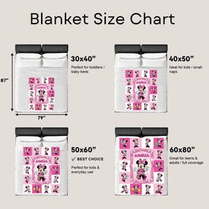 Może przedstawiać: Tabela rozmiar&oacute;w koc&oacute;w przedstawia cztery rozmiary: 30x40 cali (76x102 cm), 40x50 cali (102x127 cm), 50x60 cali (127x152 cm) i 60x80 cali (152x203 cm). Każdy koc ma r&oacute;żowo-biały wz&oacute;r Myszki Minnie. Tekst wskazuje idealne zastosowania.