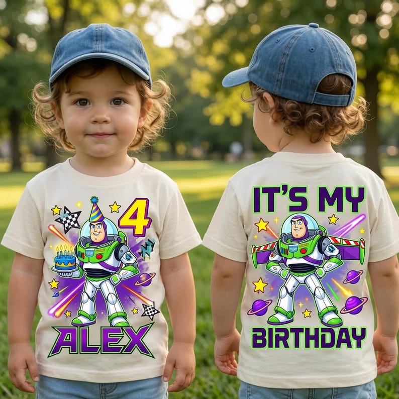 May include: A cream-coloured t-shirt featuring a graphic of Buzz Lightyear, a birthday cake, the number 4, and the name ALEX on the front, with the text IT'S MY BIRTHDAY and a graphic of Buzz Lightyear on the back, worn with a blue baseball cap.