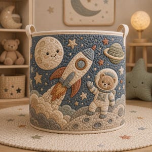 May include: A cylindrical fabric storage basket featuring a quilted space-themed design. The exterior displays a smiling moon, a rocket ship with orange flames, a planet with rings, and a bear wearing an astronaut suit on a cratered surface.