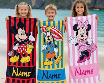 Spersonalizowany ręcznik plażowy z Myszką Miki i Minnie Goofy, ręcznik basenowy na lato z niestandardową postacią