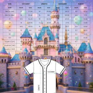 May include: White youth baseball jersey with black trim, displayed with a size chart. The chart provides measurements in inches and centimeters for chest, length, shoulder, and sleeve. The jersey is for kids and youth.