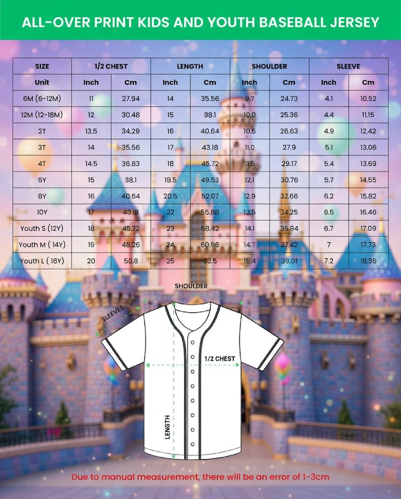 May include: White youth baseball jersey with black trim, displayed with a size chart. The chart provides measurements in inches and centimeters for chest, length, shoulder, and sleeve. The jersey is for kids and youth.