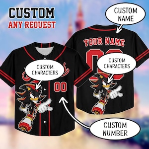 May include: Black baseball jersey with red trim and a cartoon character graphic. The jersey has the text "CUSTOM ANY REQUEST" at the top and areas for custom name, characters, and number. The jersey is a custom design.
