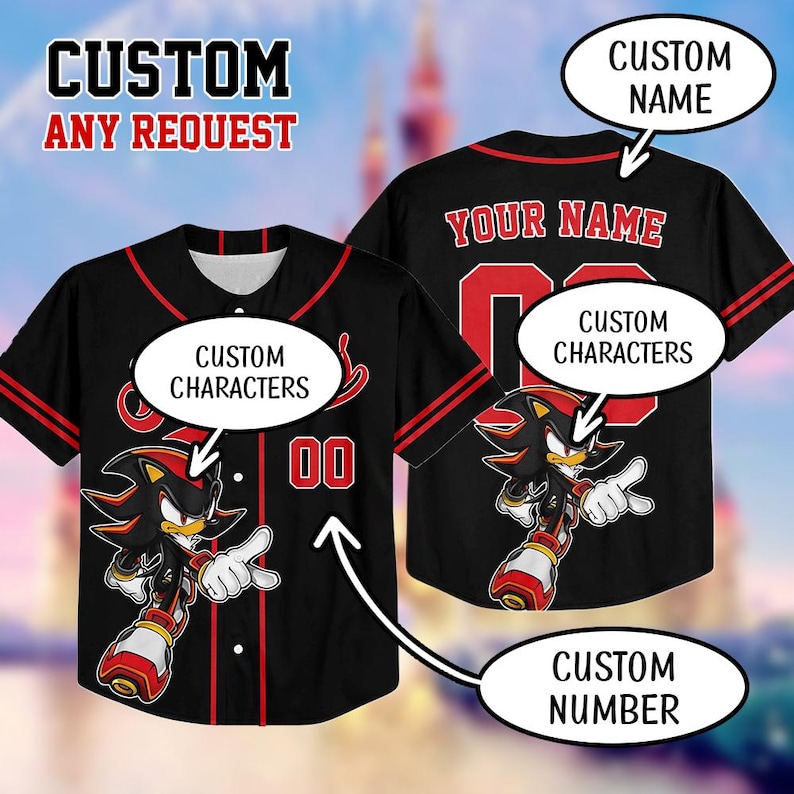 May include: Black baseball jersey with red trim and a cartoon character graphic. The jersey has the text "CUSTOM ANY REQUEST" at the top and areas for custom name, characters, and number. The jersey is a custom design.
