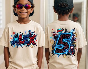 Chemise d'anniversaire Spider-Man Miles Morales, t-shirt de fête pour enfants avec prénom personnalisé pour l'âge de 5 ans