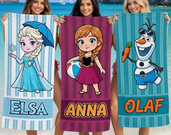 Serviette de plage personnalisée La Reine des neiges, serviette de piscine personnalisée Elsa Anna Olaf Disney La Reine des neiges, serviette de vacances d'été en microfibre pour enfants