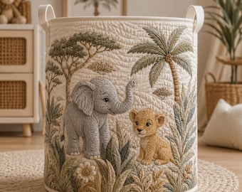 Safari Animal Storage Basket, Elephant & Lion Nursery Laundry Hamper, Jungle Toy Organizer, Baby Shower Gift, Kids Room Decor