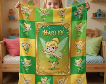 Gepersonaliseerde Tinker Bell sherpadeken, aangepaste naam fee fleece plaid, verjaardagscadeau jeugd