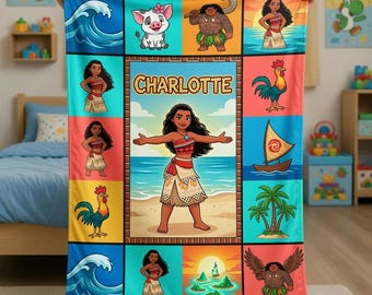 Couverture personnalisée Moana, cadeau de jeté en polaire pour enfants Princesses Disney avec prénom personnalisé