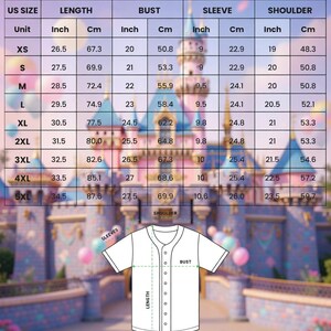 May include: White baseball jersey with a button-down front, sleeves, and a chart detailing measurements in inches and centimeters. The chart includes sizes XS to 5XL, with measurements for length, bust, sleeve, and shoulder. The background features a colorful castle.