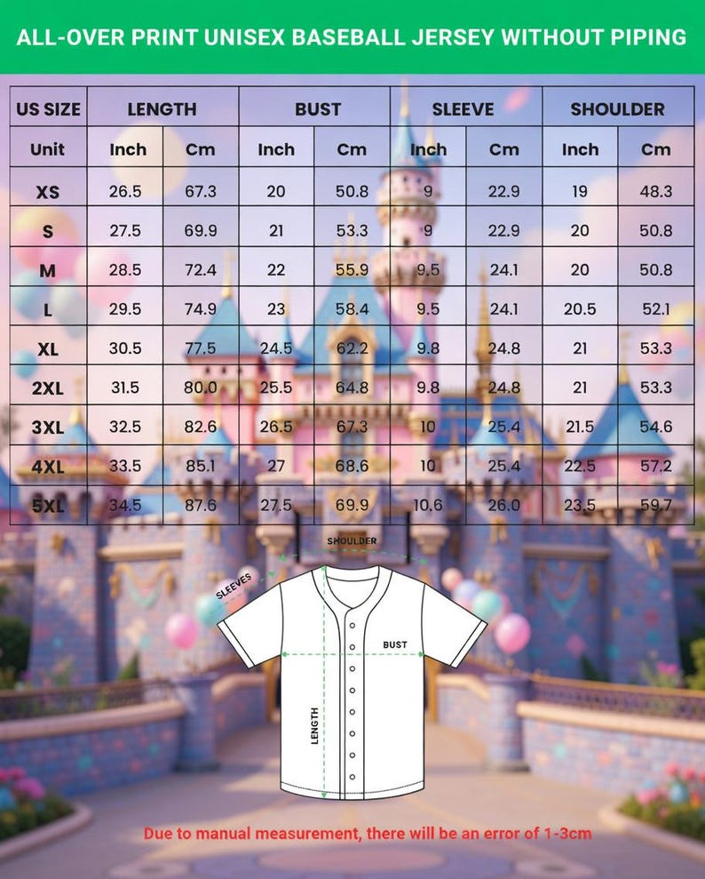 May include: White baseball jersey with a button-down front, sleeves, and a chart detailing measurements in inches and centimeters. The chart includes sizes XS to 5XL, with measurements for length, bust, sleeve, and shoulder. The background features a colorful castle.