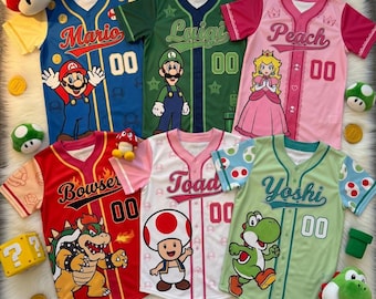 Super Mario Custom Baseball Jerseys Mario Luigi Peach Bowser Toad Yoshi Fan Apparel