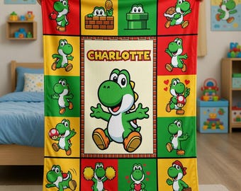Personalized Yoshi Kids Blanket – Custom Name Soft Sherpa Blanket Gamer Gift