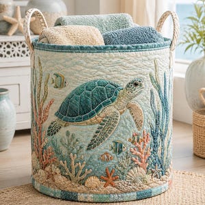 Puede incluir: Una cesta de almacenamiento cilíndrica de tela acolchada con un diseño de tortuga marina, corales coloridos, conchas y peces pequeños sobre un fondo azul claro. La cesta tiene dos asas trenzadas y contiene tres toallas dobladas.