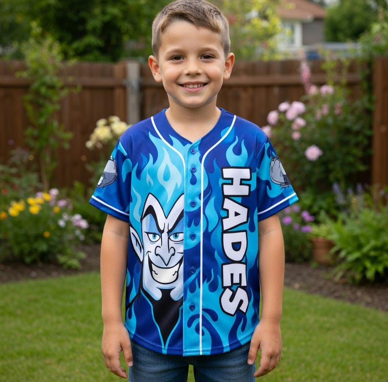 May include: A blue baseball jersey with a cartoon image of Hades and the name "HADES" in white. The jersey has a blue flame design and white trim. The jersey is worn by a young boy.
